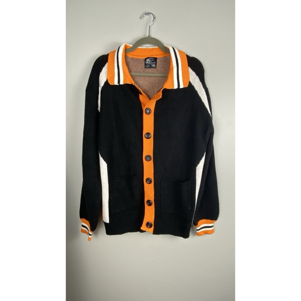 Steady Hands Cardigan Black And Orange Knit Sweater Retro Size S/M Oversized